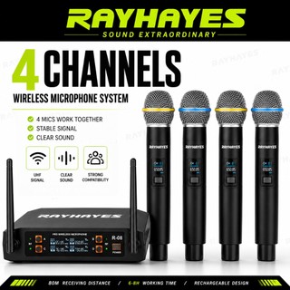 RAYHAYES 4 Channel Wireless Microphone R-08 System Dual Handheld Uhf Professional Karaoke Microphone