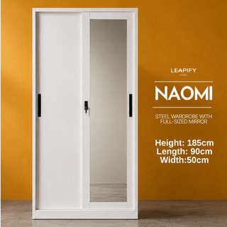 NAOMI | Sliding Steel Wardrobe with Full-sized Mirror by Leapify Steel - Heavy Duty and Waterproof