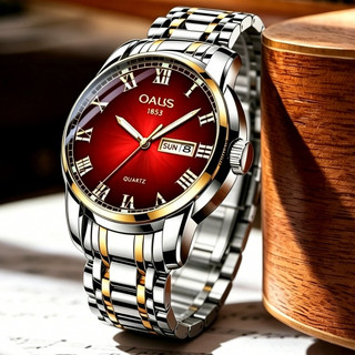 Men Wristwatch, Dual Calendar Display Stainless Steel Band Casual Business Watch