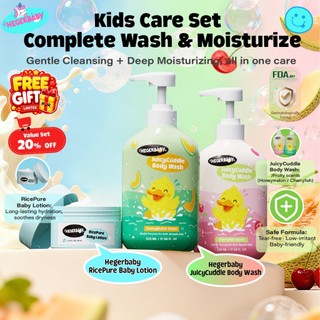 Hegerbaby Body Wash (Cherry & Melon) + Baby Lotion - Soothe Prickly Heat Gently Cleanses Cares Kids