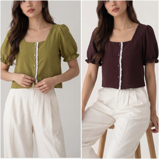 Luna Lace Trimmed Cropped Square Neck Blouse| Casual Puff Sleeves Blouse