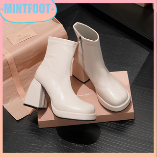 Women's High Heel Stretch Square Toe Short Boots, 6cm Thick Sole