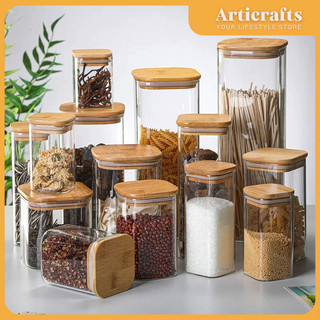 Square Type Glass Jar with Airtight Wooden Lid Food Organizer
