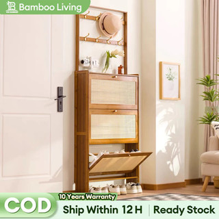Nordic Rattan Shoe Cabinet Ultra-Thin 17cm Flip Bucket Rack with Coat Hanger Hook Wooden Organizer