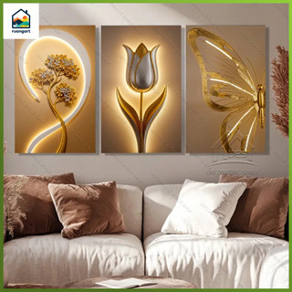 Gold Floral Wall Art Decoration 3-Pcs Modern Luxury Living Room Decor Lucky Golden Flower Painting