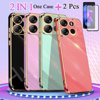 2 IN 1 Tecno Pop 7 Pro BF7 เคสชุบขอบทอง พร้อมกระจกนิรภัยกันรอยหน้าจอเซรามิค แบบโค้ง