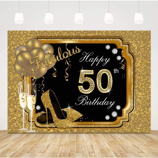 Happy 50th Birthday Backdrop for Women Black and Gold Birthday Photo Background Glitter Balloons High Heels Birthday Backdrop 50th Birthday Back Drops for Photo Shoot Fifty Birthda