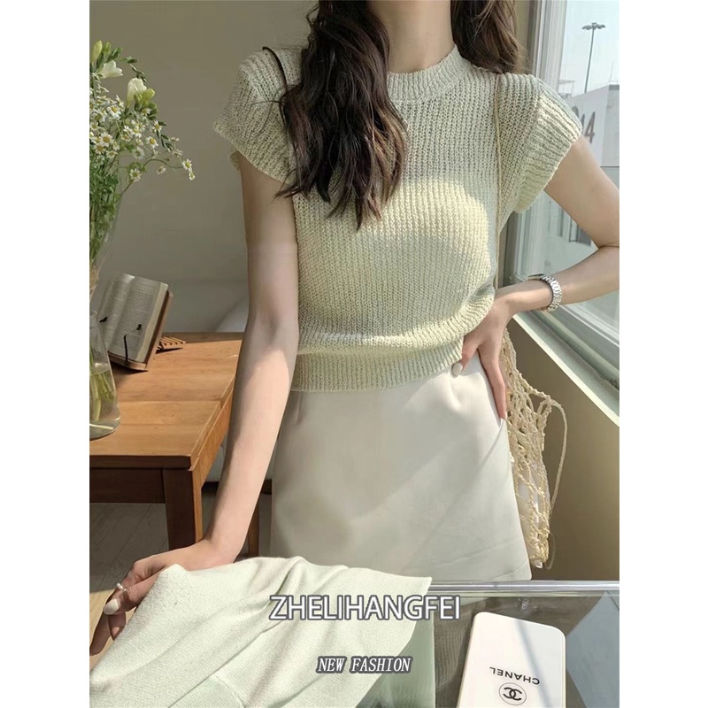 ZHELIHANGFEI K เสื้อไหมพรมแขนสั้นเอวสูงเซ็กซี่ทุกการแข่งขันด้านบน