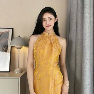 * cheongsam ชุดเดรสกี่เพ้า * ชุดกี่เพ้าแบบปรับปรุงใหม่แบบห้อยคอสไตล์จีนปี2022ชุดเดรสแขนกุดลายดอกไม้สไตล์วินเทจสไตล์สาธาร