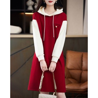 【Hoodie Dress Oversized】(40-150kg) ชุดเดรสกันหนาว แขนยาว พลัสไซซ์ แฟชั่นเกาหลีเหนือเข่า