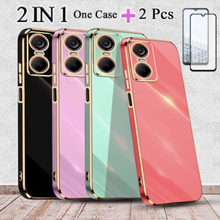 2 IN 1 Tecno Pop 6 Pro BE8 BE8i เคสชุบไฟฟ้า ขอบตรง พร้อมตัวป้องกันหน้าจอเซรามิค สองชิ้น