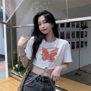 เสื้อยืดแขนสั้น เอวลอย ประดับโบว์ สุดเซ็กซี่ แต่งสายโซ่ สําหรับผู้หญิง
