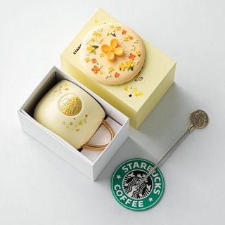 Starbucks แก้วกาแฟเซรามิค พร้อมฝาปิด ลายออสแมนทัส สีทอง สีบรอนซ์ สําหรับออฟฟิศ#0817#