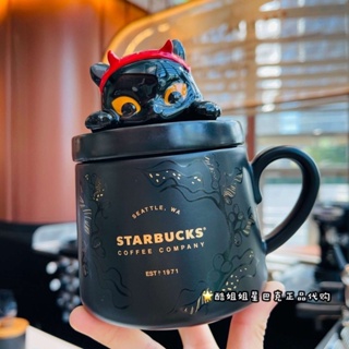 Starbucks 2023 แก้วกาแฟเซรามิค ลายปีศาจ ตาโต แมวน่ารัก พร้อมฝาปิด สําหรับปาร์ตี้ฮาโลวีน#0817#