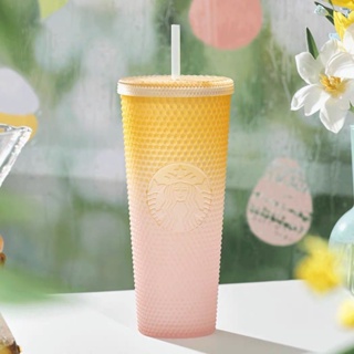 Starbucks Cup 2023 แก้วน้ําพลาสติก ไล่โทนสี สีชมพู สีเหลือง น่ารัก#0817#