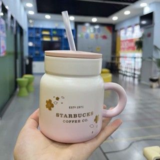 Starbucks แก้วกาแฟเซรามิค ลายดอกซากุระน่ารัก สีชมพู พร้อมหลอดดูด#0817#