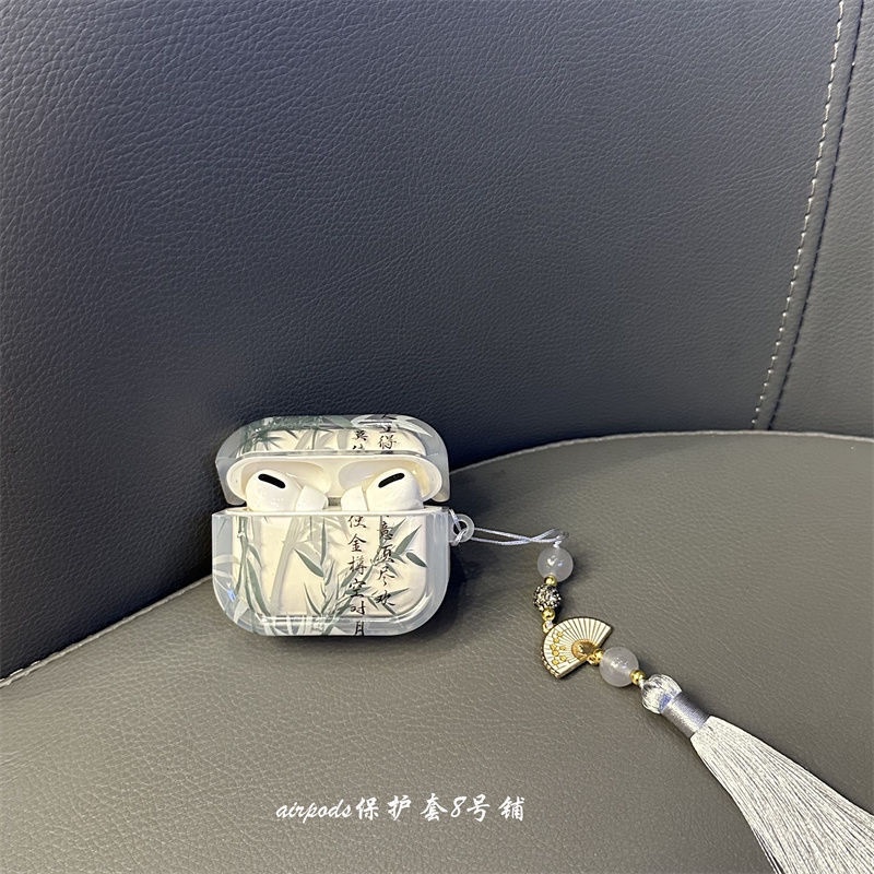 เคสหูฟังบลูทูธ ลายใบไม้ สไตล์จีน สร้างสรรค์ สีเทา สําหรับ Apple Airpods รุ่น Pro 1 2 3