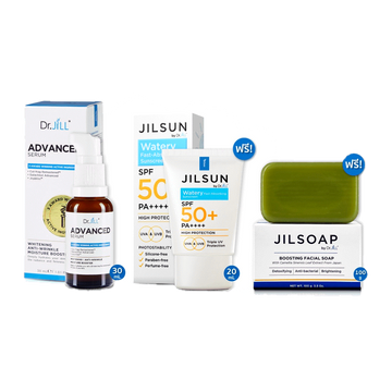 [ส่งฟรี] Dr.JiLL Advanced Serum ดร.จิล สูตรใหม่ 1 ขวด + JILSUN by Dr.Jill Watery 1 หลอด + JIL SOAP 1 ก้อน