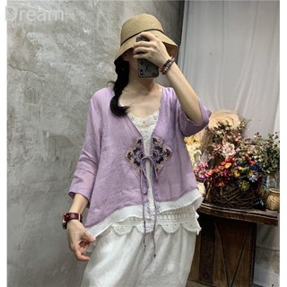 Ethnic style cotton and linen embroidered cardigan shirt womens summer new retro embroidered shirt sunscreen shirt lace-up tea shirt