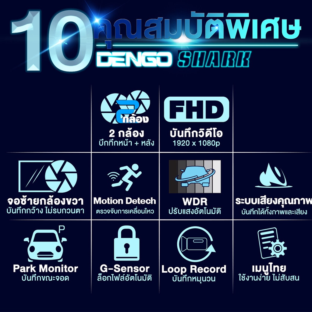 [DG3 - Official Store] Dengo Shark กล้องติดรถยนต์ 2 กล้องหน้า-ถอย ชัดระดับ 1080P จอแสดงผลสว่างกว่า 2 เท่า WDR ปรับแสงอัต
