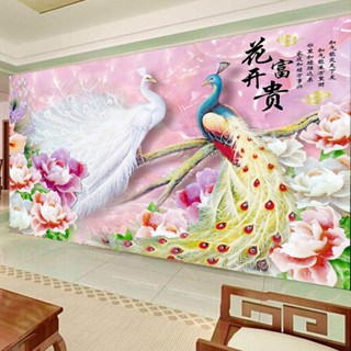 ภาพวาดปักเพชร ทรงกลม ลายดอกไม้ ดอกโบตั๋น นกยูง DIY สําหรับตกแต่งบ้าน