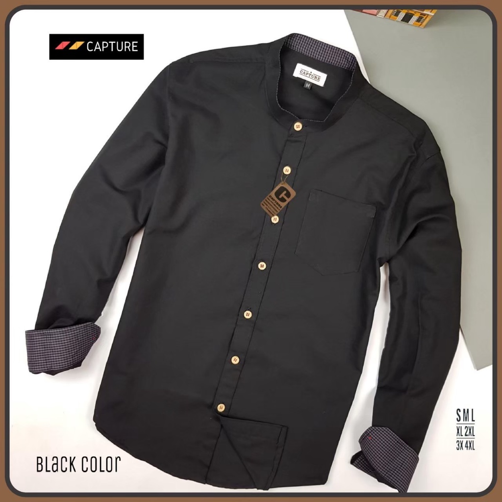 เสื้อเชิ้ตแขนยาว คอจีน ผ้า Oxford สีดำ มีไซส์ S-4XL แจกโค้ด NEWJABC ลด อีก100
