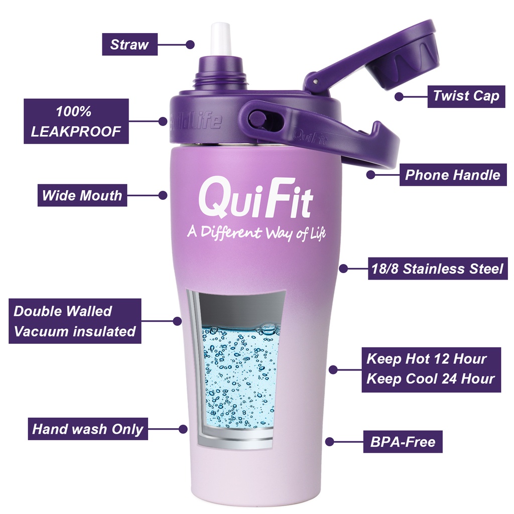 Quifit กระติกน้ําร้อน เย็น สเตนเลส มีฉนวนกันความร้อน กันรั่วซึม ไร้ BPA ขนาด 1 ลิตร พร้อมหลอดดูด สองแบบ ใช้ซ้ําได้ สําหรับรถยนต์