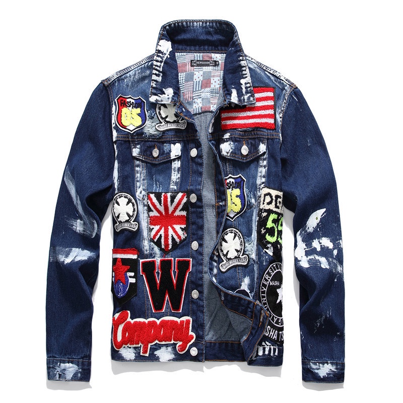 Men's Flag Letters Patch Design Painted Denim Jacket Slim Fit Skull Badge Patchwork Long Sleeve Jeans Coat Outerwear #4