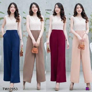 TT17953 Jumpsuit จั้มสูทขายาว ลูกไม้ ตัดต่อกางเกงสีพื้น ผูกโบว์ Jumpsuit Long-legged jumpsuit with lace trimmed with sol