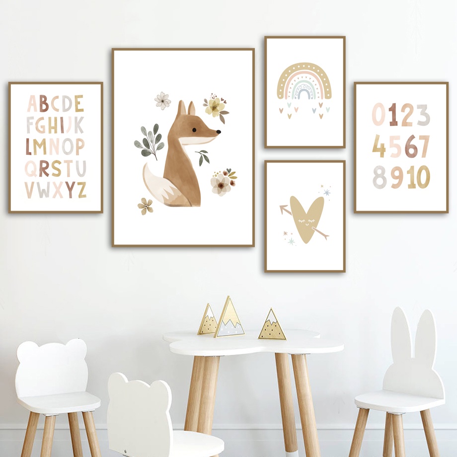 กรอบ Nordic โปสเตอร์ Boho ABC ตัวอักษร 123 Rainbow Heart Fox Wall Art พิมพ์ผ้าใบภาพวาดภาพผนังเด็กทาร