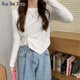 RUO BEI XUAN เสื้อเชิ้ตคอกลมแขนยาวไม่สม่ำเสมอสไตล์เกาหลี Slim Plus Size Simple Top