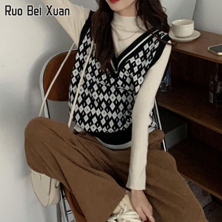 RUO BEI XUAN เสื้อกั๊กถักสำหรับผู้หญิงเวอร์ชั่นเกาหลีคอวีแขนกุดถักเสื้อกั๊กนักเรียนเสื้อกั๊กสีคมชัด