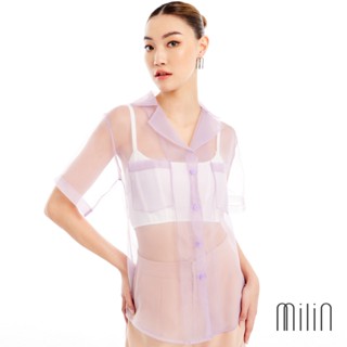 [MILIN] Glister top Organza short sleeve see through shirt เสื้อเชิ้ตคอปกแขนสั้นผ้าซีทรู