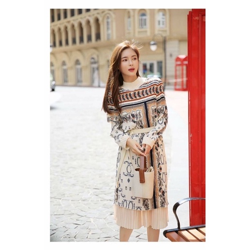 new dress เดรสผ้ารองอัดพลีทแต่งช่วงคอและข้อมือด้วยผ้าไหมพรม