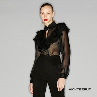 VICKTEERUT Pleated Ruffle Long Sleeve Shirt  เสื้อเชิ้ตแขนยาวตกแต่งระบายอัดพลีท