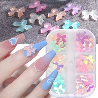 ( โบว์แต่งเล็บ กล่อง6ช่อง ) ของตกแต่งเล็บ 3D Aurora Ribbon Crystal Design Bow Nail Art Decoration