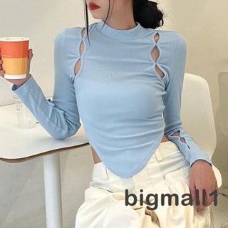 Bigmall- เสื้อครอปท็อปแขนยาว คอสม็อค ชายเสื้อไม่สม่ําเสมอ สีพื้น สําหรับผู้หญิง