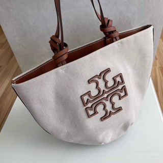 TORY BURCH SMALL CANVAS ROUND TOTE กระเป๋าถือ สะพายไหล่แบรนด์ทอรี่เบิร์ช ผ้าแคนวาส ปักสัญลักษณ์โลโก้ signature