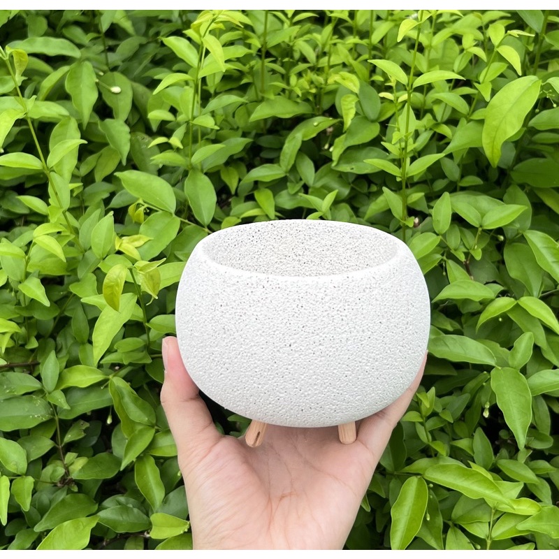 กระถางอิฐมวลเบาทรงกลม 10cm ใหญ่ ปาก 8 cm พร้อมจานรองไม้ กระถางต้นไม้ กระถางมวลเบา กระถางมินิมอล