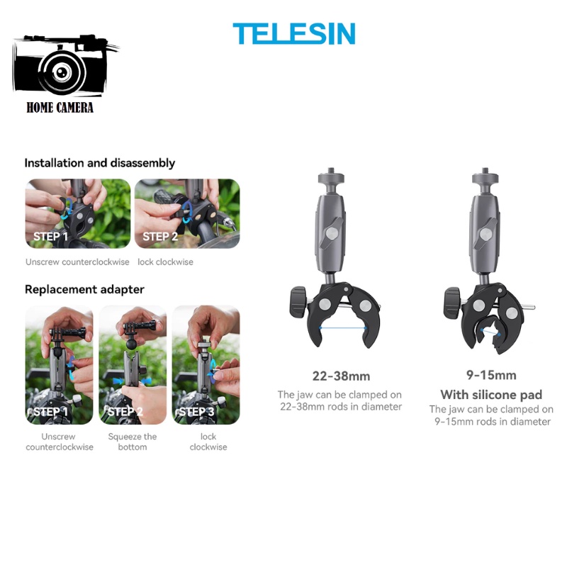 Telesin ตัวหนีบกล้อง ยึดติดมอเตอร์ไซต์หรือราวจับ for GOPRO,DJI Action 5Pro/4/3,Insta360