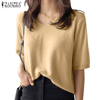 Zanzea เสื้อเบลาส์ลําลอง คอวี แขน 3/4 สีพื้น สําหรับผู้หญิง