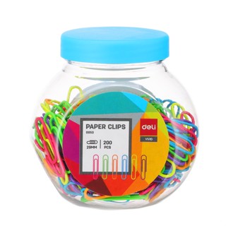 Deli 0053 Colored Paper Clips ลวดสี ลวดเสียบกระดาษ  ลวดสีเสียบกระดาษ คลิปหนีบกระดาษสี ขนาด 29 มม. 200 ตัว/กระปุก