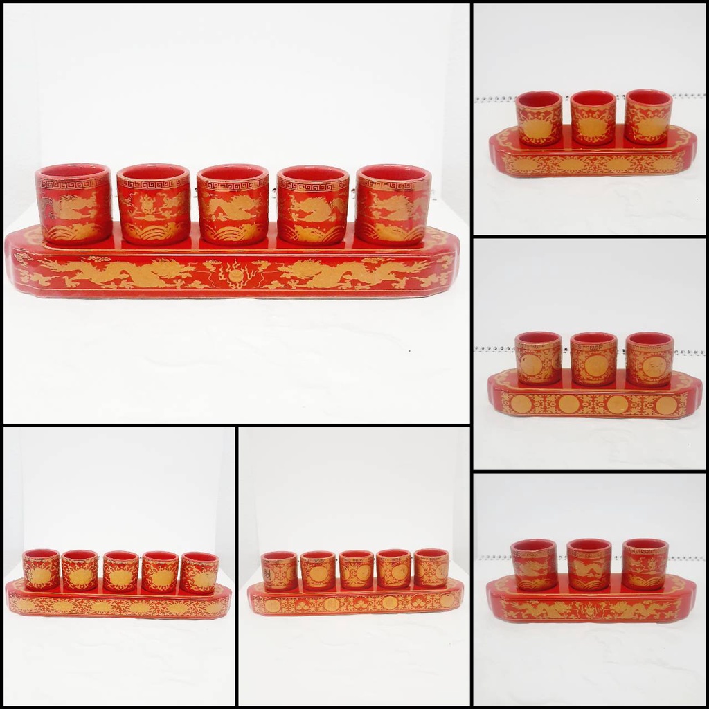 ชุดถ้วยน้ำชา สำหรับ ไหว้เจ้า งานกระเบื้องเซรามิค สีแดง 3 ใบ และ 5 ใบ พร้อมส่ง