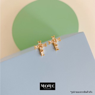 Chic Cross Earrings ต่างหูสแตนเลสสีทอง ไม้กางเขนจิ๋ว ประดับเพชร waterproof stainless steel