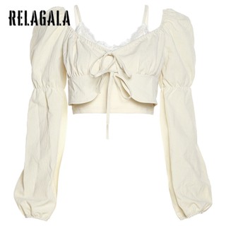 Relagala เสื้อยืด แขนยาว แบบผูกเชือก สีพื้น เซ็กซี่ แฟชั่นสําหรับผู้หญิง