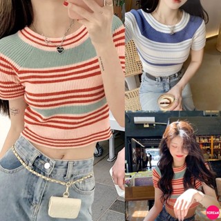 🎀Korean Fashion🎀เสื้อยืดไหมพรมลายทางแบบทูโทน 2 โทนสี