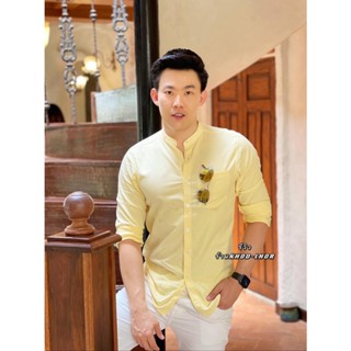 CAMISA BRAND เชิ้ตคอจีน สีเหลืองพาสเทล(Y55) ผ้าOxford เสื้อทำงาน เสื้อใส่เที่ยว เหลือง