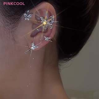 Pinkcool ใหม่ ต่างหูแบบหนีบ ประดับเพทาย ขนนก ผีเสื้อ สีเงิน เครื่องประดับ สําหรับผู้หญิง ขายดี