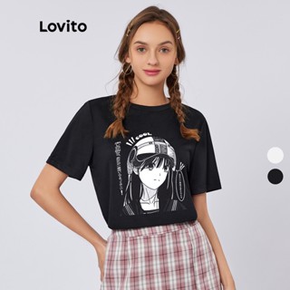 Tee เสือยืดผู้ชาย - Lovito สบาย ๆ การ์ตูนตําแหน่งพิมพ์แขนสั้นเสื้อยืดด้านบน LG02A001 (สีขาว / ดํา)