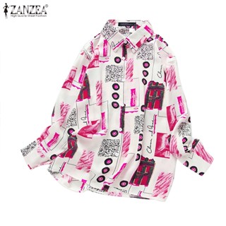 Zanzea Plus Szie เสื้อเชิ้ตแขนยาว พิมพ์ลายตัวอักษรเรขาคณิต ทรงหลวม ลําลอง สําหรับผู้หญิง
